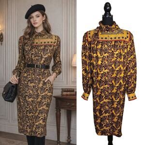 Vintage Adele Simpson 100% SILK Button UP Midi Dress Ascot Old Money Retro